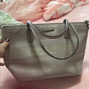 kate spade Nude and Gold Glitter Striped Shoulder Tote